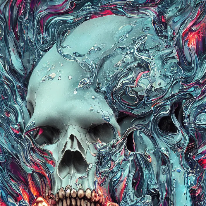 Prompt: a melting dripping skull. burning water distortions. intricate abstract. intricate artwork. by Tooth Wu, wlop, beeple, dan mumford. octane render, trending on artstation, greg rutkowski very coherent symmetrical artwork. cinematic, hyper realism, high detail, octane render, 8k, depth of field, bokeh. iridescent accents