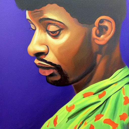 Prompt: painting of a tranquil 21 savage standing close to camera in the style of flooko, acrylic, twilight, glows, detailed,