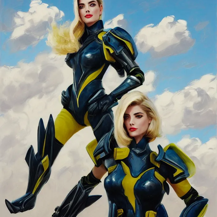 Image similar to A combination of Adriana Dxim's and Grace Kelly's and Ashley Greene's appearances with blonde hair wearing Interceptor's armor from Anthem, countryside, calm, fantasy character portrait, dynamic pose, above view, sunny day, thunder clouds in the sky, artwork by Jeremy Lipkin and Giuseppe Dangelico Pino and Michael Garmash and Rob Rey and Greg Manchess and Huang Guangjian, very coherent asymmetrical artwork, sharp edges, perfect face, simple form, 100mm