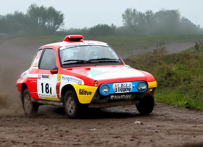 Prompt: photo of a Reliant Robin doing 120 km/h on a dirt road, rally race