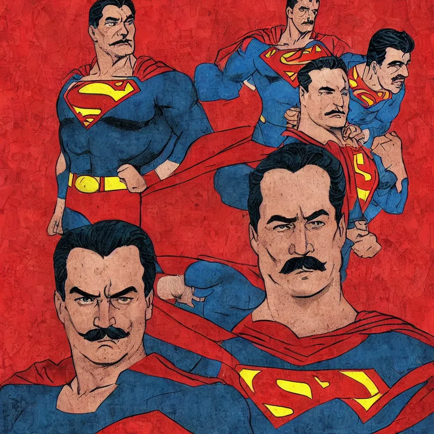 Prompt: stalin as superman, in the style of the red son, floating over the red square ( moscow ), socialist realism, soviet nostalgia, ultrarealistic, hyperdetailed, intricate digital art, trending artstation, rich moody colors, fan art, concept art, epic comic book style, by robert kirkman