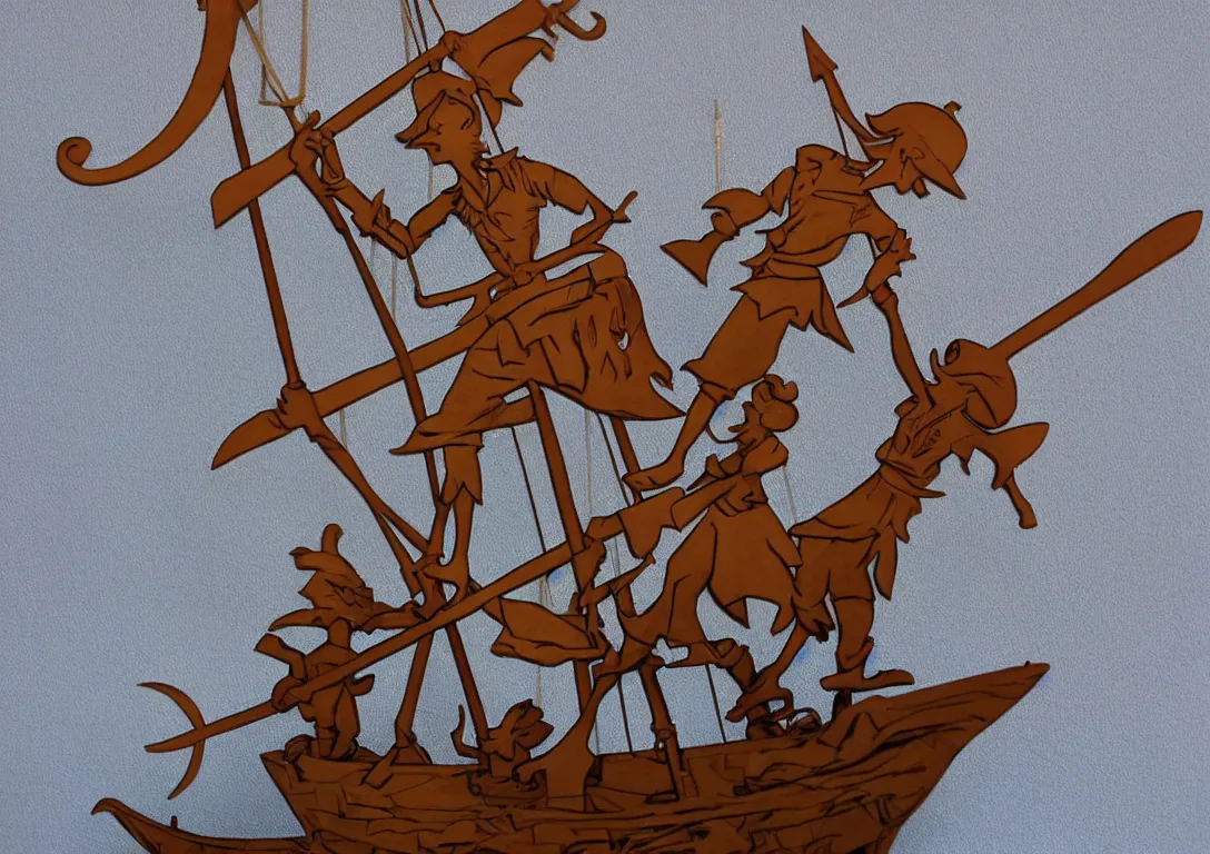 Image similar to a stylized cut paper sculpture of peter pan and captain hook sword fighting on a pirate ship