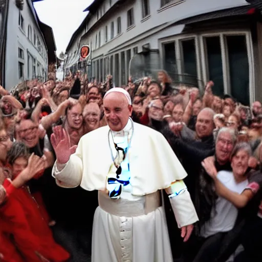 Prompt: the pope in the streets of austria, in the saturday night fever dancing pose, taken on go pro hero8