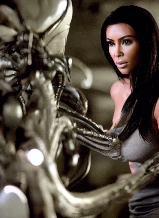 Image similar to movie still of kim kardashian with a alien facehugger face, in the movie alien. cinematic full shot.