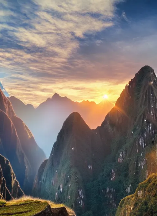 Image similar to a beautiful concept art painting of a sunrise on the machu picchu, beautiful lighting, fantasy art