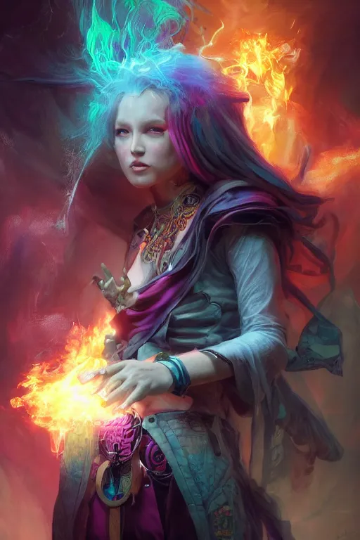 Image similar to beautiful girl necromancer, witch - doctor exploding into rainbow velvet, angels, 3 d render, hyper - realistic detailed portrait, holding fire and electricity, ruan jia, wlop. scifi, fantasy, magic the gathering, hyper detailed, octane render, concept art, peter mohrbacher