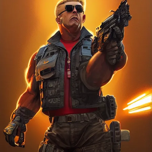 Prompt: full body shot of Duke Nukem 3D, handsome, sun glasses, intricate, red vest, empty shells ejected from gun, cinematic lighting, highly detailed, digital painting, concept art, smooth, art by Artgerm and Greg Rutkowski, Cgsociety 9