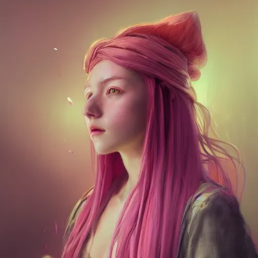 Image similar to a photorealistic dramatic fantasy render of a pink coloured haired young girl with a black cup on her head by wlop, artgerm, greg rutkowski, alphonse mucha, beautiful dynamic dramatic dark moody lighting, shadows, cinematic atmosphere, artstation, concept design art, octane render, 8 k