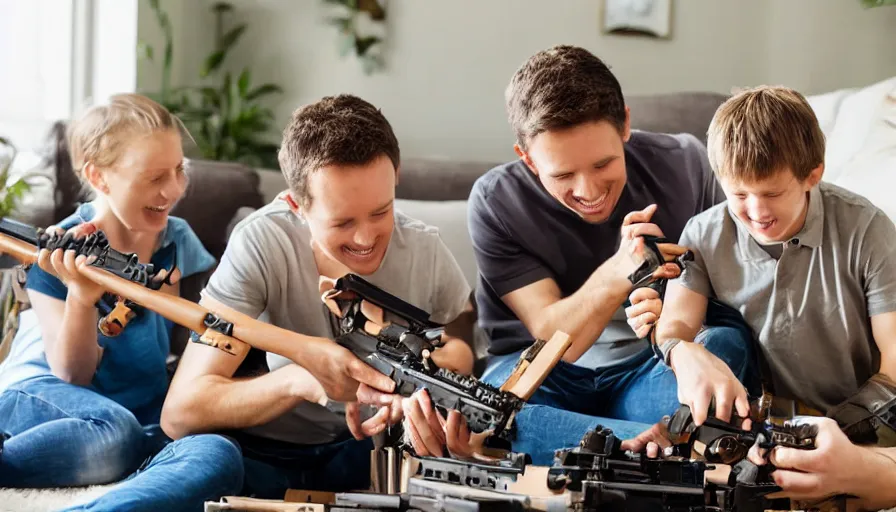 Prompt: happy family assembling machine guns in their living room on a bright sunny day, photograph, realistic