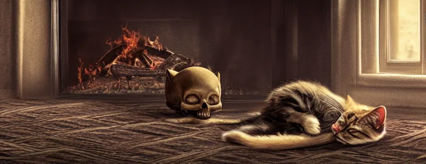 Image similar to a beautiful hairy cat sleeping next to a skull on an old carpet next to a burning fireplace, livingroom with windows and door, night time, 4K, photorealistic, cinematic, moody fireplace lighting, UHD, HDR