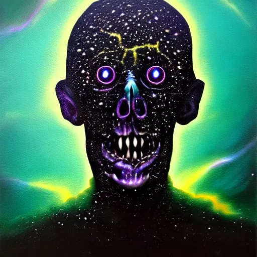 Image similar to peer into the depths of the endless cosmic void, shine a light on your darkest terror. hp lovecraft oil on canvas, photographic hyperrealism