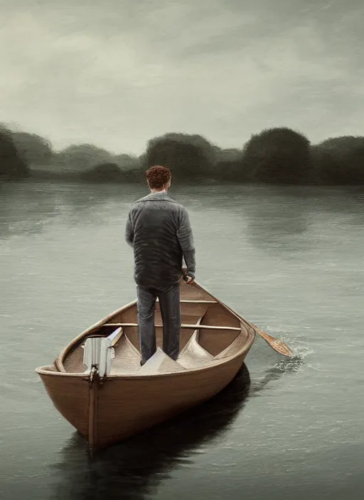 Image similar to a man in a boat in carrick - on - shannon ireland, cinematic, ultra detailed, 8 k, concept art, lisa yuskavage