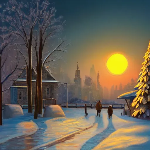 Prompt: winter city scape inspired by Evgeny Lushpin, Peter Zumthor cinematic,sunset,full moon