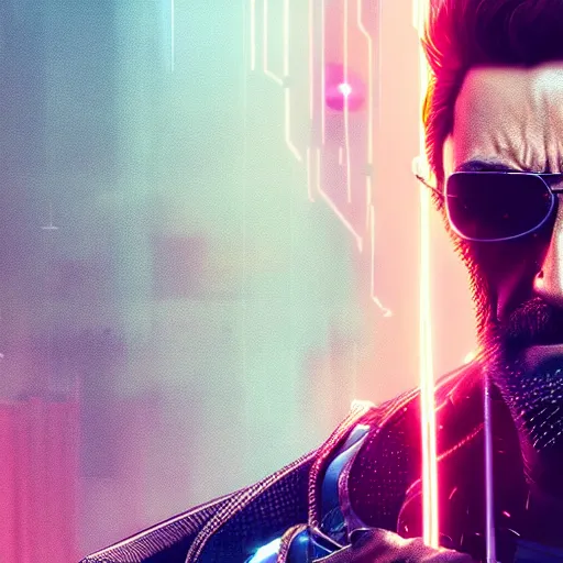 Image similar to hugh jackman portrait, cyberpunk 2 0 7 7, photorealistic, ultra detailed, neon, octane rendered, bokeh, cinematic lighting, cyber, cyberpunk city, feature, scars, cyberface, 8 k