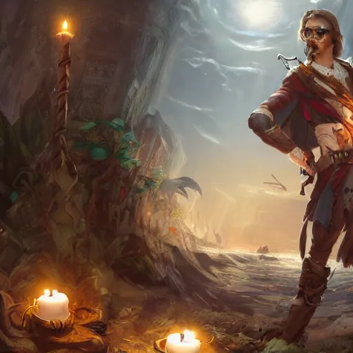 Prompt: concept art of a swashbuckler holding a candle holder discovering a sunken city, glasses, wearing a cape highly detailed, digital art, illustration, artstation, very detailed, 4 k