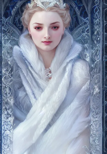 Image similar to snow ice queen frizen sansa, intricate, elegant, highly detailed, digital painting, artstation, concept art, smooth, sharp focus, illustration, art by artgerm and greg rutkowski and alphonse mucha and william - adolphe bouguereau