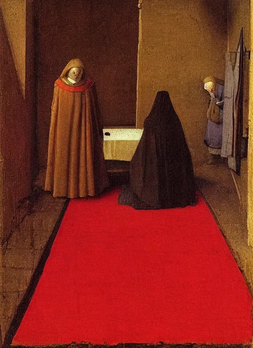 Image similar to red cloth of the floor, medieval painting by jan van eyck, johannes vermeer, florence