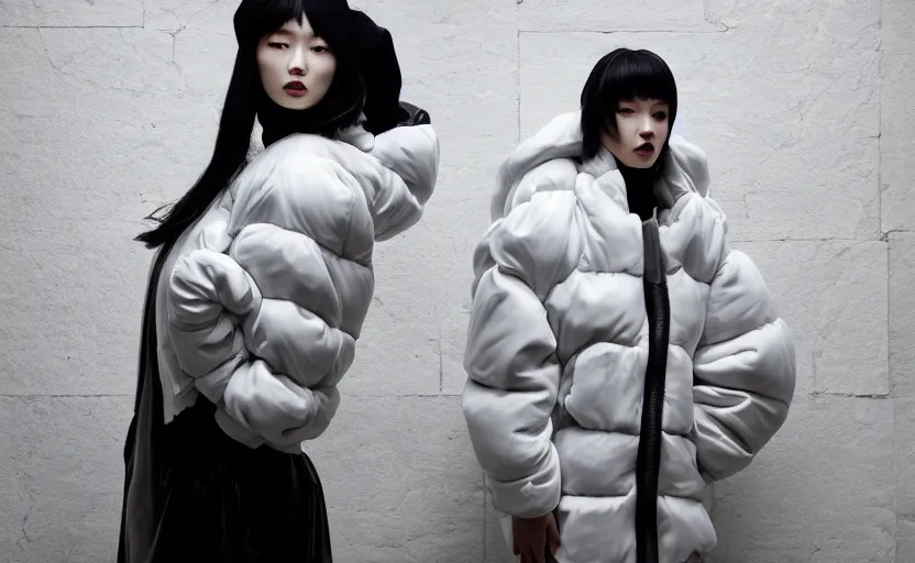 Image similar to well lit fashion shoot portrait of extremely beautiful female marble statue wearing huge over size puffer jacket by dingyun zhang, yeezy, balenciaga, vetements, a cold wall, sharp focus, clear, detailed,, cinematic, detailed, off white, glamourous, symmetrical, vogue, editorial, fashion, magazine shoot, glossy