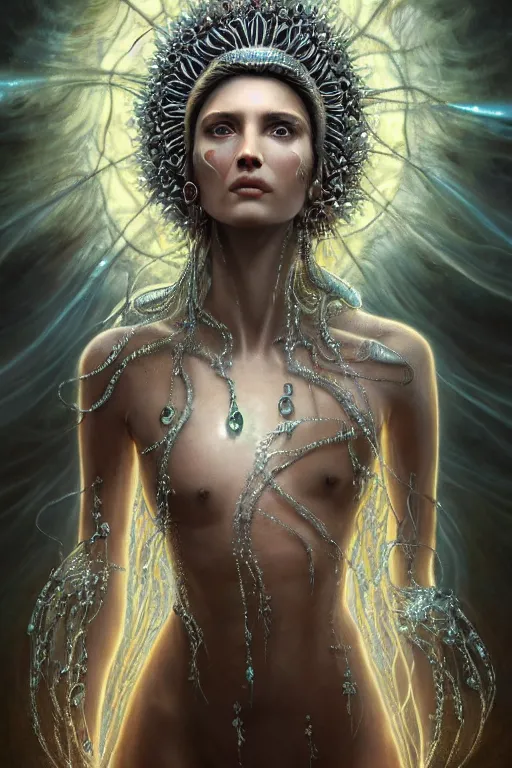 Prompt: a centered render of a wild post apocalyptic goddess with wearing ornate silver and gemstones and crystal clothing surrounded by flowing liquid gallium jellyfish and sacred geometry, perfect body and face, gorgeous, cinematic, beautifully lit, by tomasz alen kopera and peter mohrbacher, 3 d, trending on artstation, octane render, 8 k