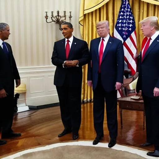 Prompt: photo of putin, trump, obama and bush having a lightsaber battle in the white house roof