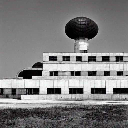 Image similar to chunky cubic government building with a a satellite dish on the roof, soviet architecture