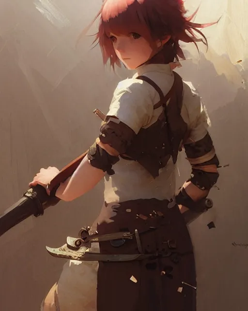 Image similar to cute girl, whitesmith, huge intricate hammer, weapon, mechanical parts, digital painting by krenz cushart, ilya kuvshinov, akihiko yoshida, greg rutkowski, karl spitzweg. sharp focus, highly detailed, intricate background