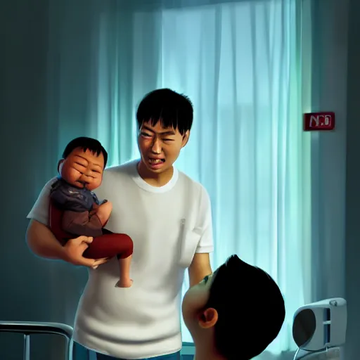 Image similar to asian man can ’ t believe his eyes as he holds a black baby at the hospital, artistic render, pixar art, trending on artstation