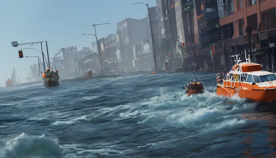 Image similar to lifeboat crossing washington streets after tsunami, sunny day, hyperdetailed, artstation, cgsociety, 8 k