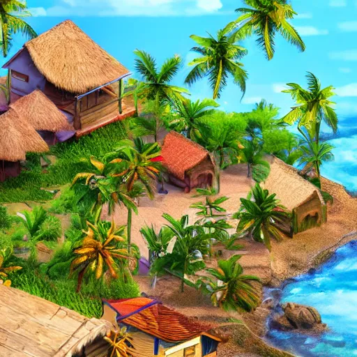 Image similar to a village on a tropical island, very colorful, beach, palms, photorealistic, trending on artstation