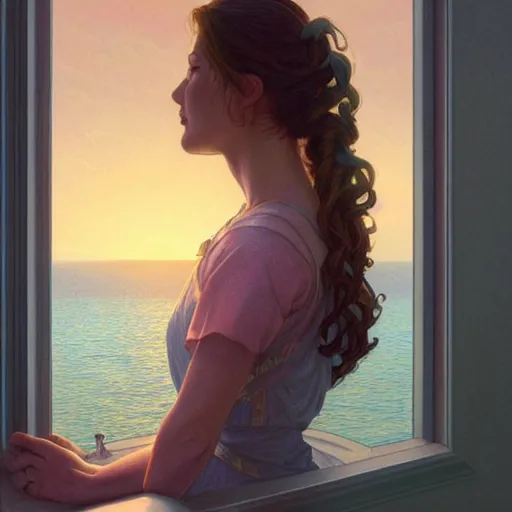 Prompt: woman looking out the window to a beautiful sunset, water view, intricate, highly detailed, digital painting, artstation, concept art, smooth, sharp focus, illustration, Unreal Engine 5, 8K, art by artgerm and greg rutkowski and alphonse mucha