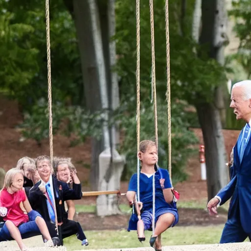 Image similar to Joe Biden rides a swing set while disappointed children watch him