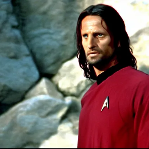 Prompt: A still of Aragorn as Scotty on Star Trek: The Original Series, red shirt, sharp focus, high quality, 4k