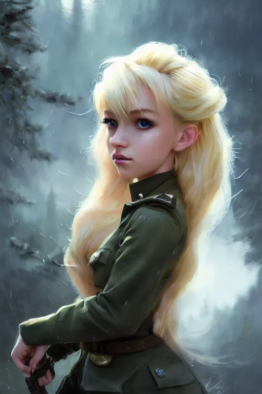 Image similar to cinematic shot of an epic portrait of a cute blonde fairy dressed in military clothes, stylised military clothes, shiny skin, beautiful eyes, beautiful, small details, night setting, realistic poster with volumetric light from craig mallism, artgerm, jeremy lipkin and michael garmash, unreal engine, radiant light, digital art, trends at art station, a masterpiece