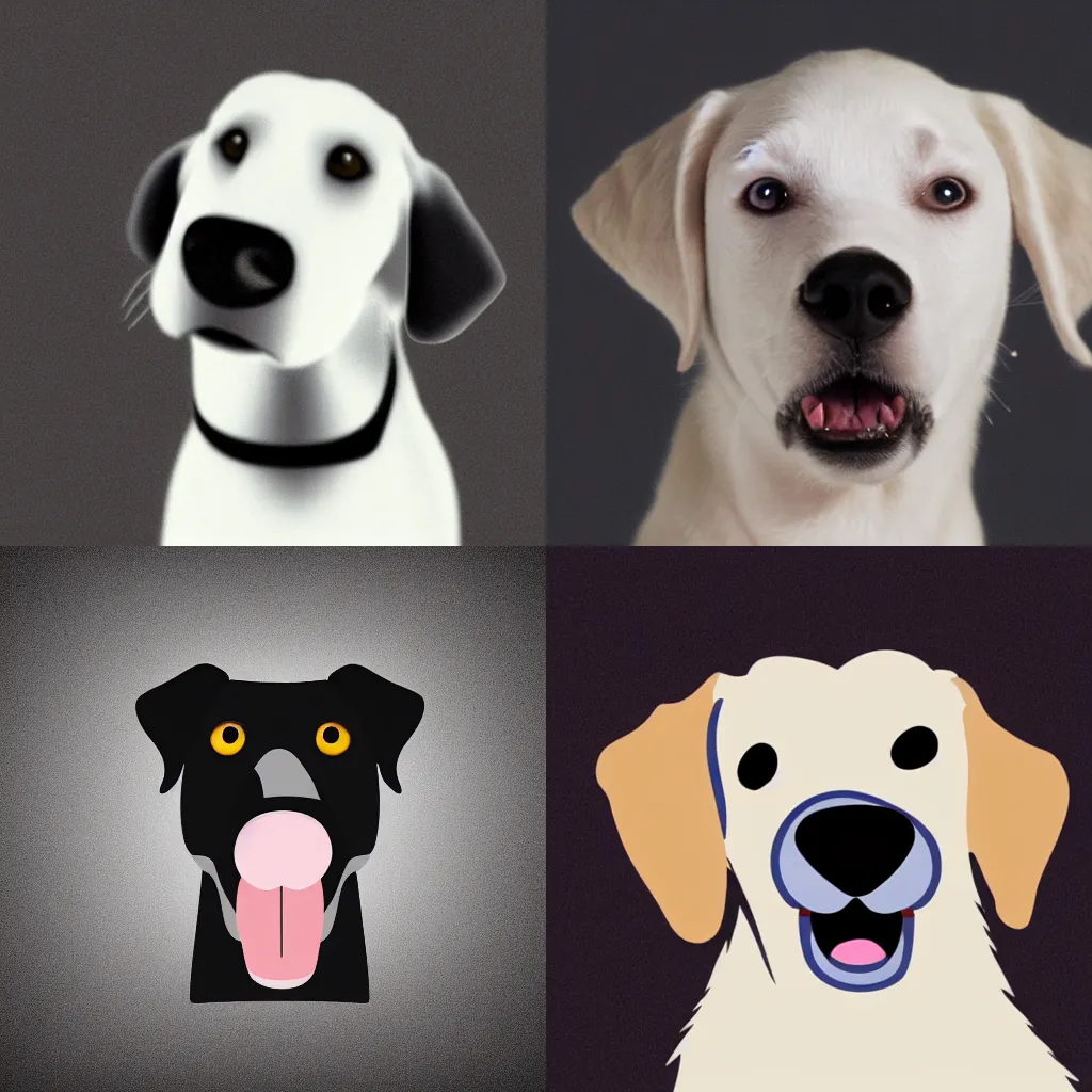 Prompt: white labrador retriever face, excited, pixar style, black background