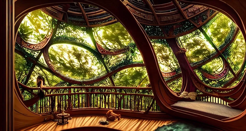 Image similar to An incredibly beautiful scene from a 2022 Marvel film featuring a cozy art nouveau reading nook balcony in a fantasy treehouse interior. 8K UHD.