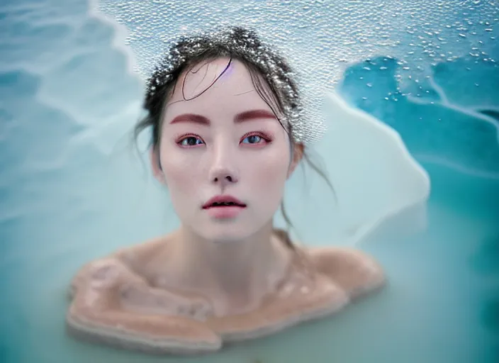 Image similar to Kodak Portra 400, 8K, soft light, volumetric lighting, highly detailed, portrait photo of Rena Nounen by WLOP, the face emerges from a Pamukkale, thermal waters flowing down white travertine terraces with lotus flowers, inspired by Ophelia paint , blue shirt and hair are intricate with highly detailed realistic beautiful flowers , Realistic, Refined, Highly Detailed, ethereal lighting colors scheme, outdoor fine art photography, Hyper realistic, photo realistic, masterpiece