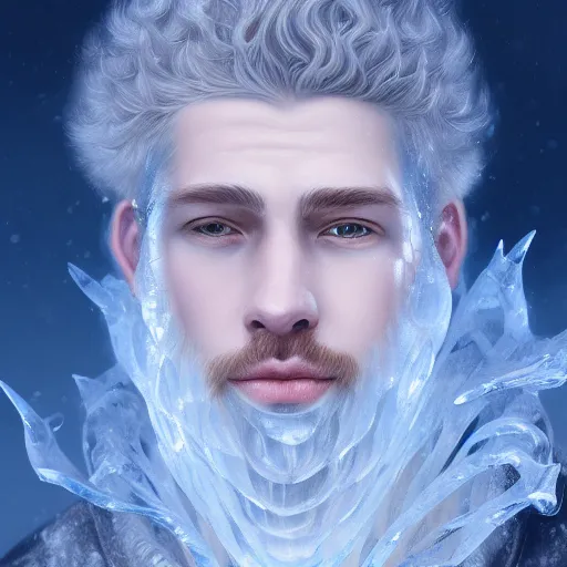 Image similar to award winning commission portrait of a man made of ice with curly hair,ice cracks.Digital art,hyperdetailed,detailed fa e,ross tran,character design by charles bowater,deviantart,artstation,photorealistic,4k