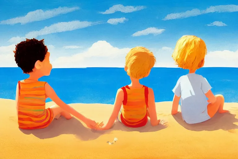 Image similar to Two happy children sitting on the beach making sandcastles, blue sky, HD, by Benji Davies