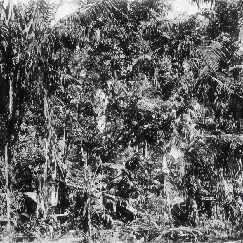 Image similar to a rizom lost film footage of a sacred ( ( ( ( ( ( ( indigenous ) ) ) ) ) ) ) artifact in the middle of the ( ( ( ( ( ( ( ( ( ( tropical jungle ) ) ) ) ) ) ) ) ) ) / ethnographic object / film still / cinematic / enhanced / 1 9 0 0 s / black and white / grain