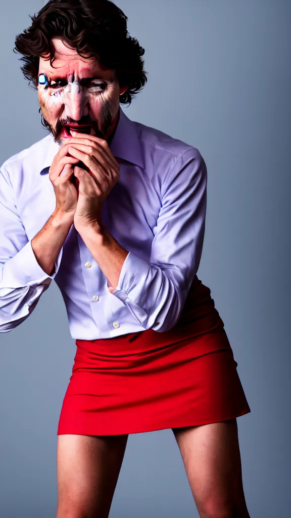 Prompt: Trudeau in a skirt crying , Studio lighting, shallow depth of field. Professional photography, lights, colors,4K