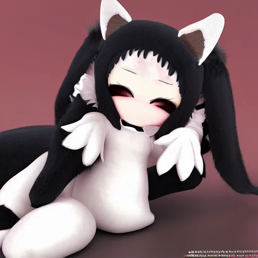 Prompt: cute fumo plush doge girl, floppy ears, gothic maiden, furry anime, vray, smile, sleeping