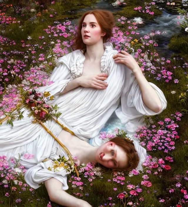 Prompt: baroque portrait of a icelandic princess in a white dress, lying down in a river made of thousands of flowers, cinematic lighting, photorealistic, octane render, 8 k, depth of field, art by artgerm and greg rutkowski and alphonse mucha and uang guangjian