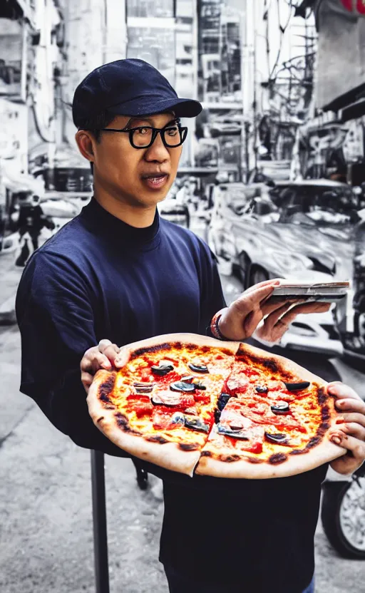 Prompt: suspicious pizza delivelery asian guy, glasses, real life photo, 4 k, cyberpunk, highly detailed, sharp focus