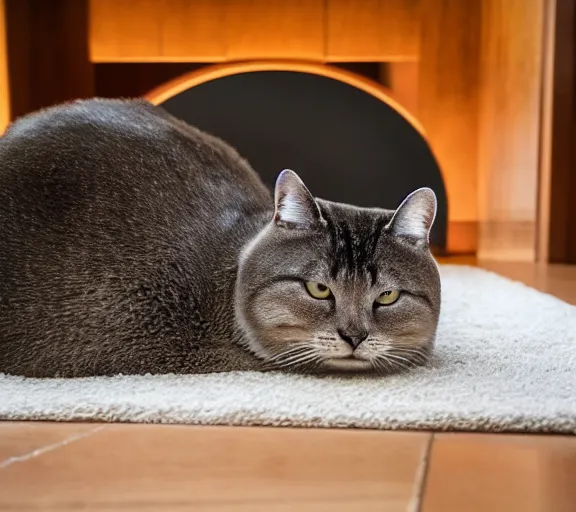 Image similar to a huge Chonker Cat sitting indoors, oh lawd he coming, professional photo, full body view, beautiful cat feet, ((((((((((((seal like figure)))))))))))), XF IQ4, 150MP, 50mm, F1.4, ISO 200, 1/160s, natural light
