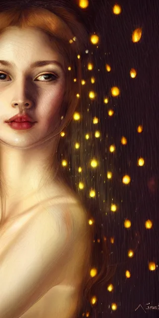 Prompt: serene young woman cheeky smile, surrounded by golden firefly lights, amidst nature fully covered by a intricate detailed dress, long red hair, precise linework, accurate green eyes, small nose with freckles, smooth oval shape face, empathic, expressive emotions, nocturnal spiritual scene, hyper realistic ultrafine art by artemisia gentileschi, jessica rossier, boris vallejo