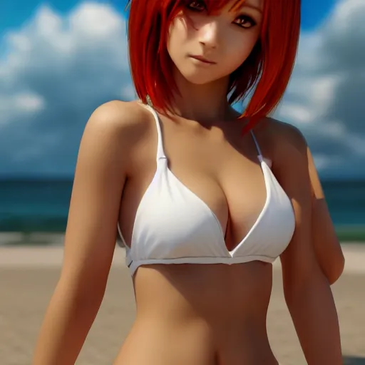Image similar to render as a very beautiful 3d anime girl, short orange red hair, hazel eyes, full round face, short smile, white silver bikini, serene beach setting, cinematic lightning, medium shot, mid-shot, highly detailed, trending on Artstation, Unreal Engine 4k, cinematic wallpaper