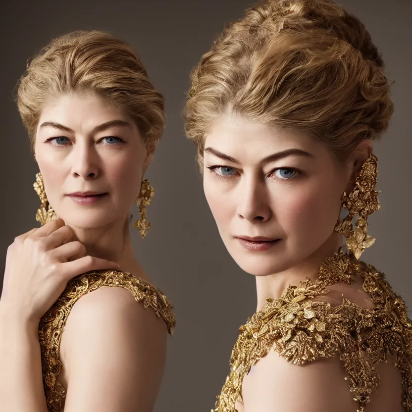 Prompt: gorgeously dreamlike beautiful face Rosamund Pike, hair updo, balayage, natural make-up, luxurious ornate golden jewelry, earrings, low cut dress, dynamic lighting, award winning photo shoot, intricately detailed, glimmering, shining, photo realistic, cinematic, volumetric lighting, fashion portrait, 8K UHD