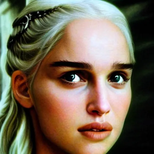 Image similar to a selfie of daenerys targaryen played by a young natalie portman, smooth skin, purple eye color, ethereal beauty, medium shot, detailed eyes, vivid, golden hour