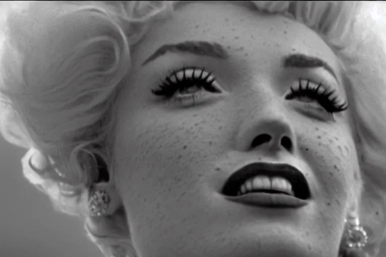 Prompt: natural 8 k close up shot of marilyn monroe with freckles, natural skin and beauty spots in a 2 0 0 5 romantic comedy by sam mendes. she stands and looks on the horizon with winds moving her hair. fuzzy blue sky in the background. no make - up, no lipstick, small details, wrinkles, natural lighting, 8 5 mm lenses, sharp focus