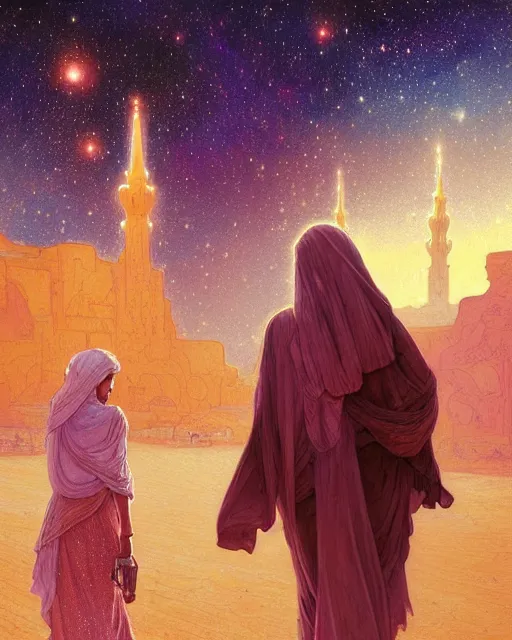 Image similar to bedouin man and woman and child in galaxy walking towards mosque surrounded by nebula, highly detailed, gold filigree, romantic storybook fantasy, soft cinematic lighting, award, disney concept art watercolor illustration by mandy jurgens and alphonse mucha and alena aenami, pastel color palette, featured on artstation